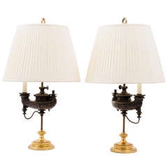 Pair Continental Patinated & Gilt Bronze Oil Lamps. Circa 1900