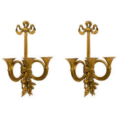 Pair of French Napoleon III Ormolu Hunting Horn Wall Sconces, circa 1880