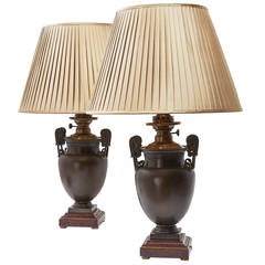 Pair of French Bronze Etruscan Style Lamps, circa 1860s