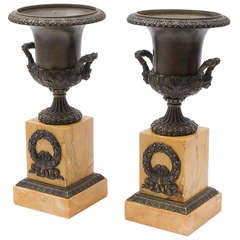 Pair French Louis Philippe Bronze Campana Urns on Sienna Marble Plinths c.1860