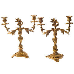 Pair of French Rococo Style Twin Branch Ormolu Candelabra c.1880