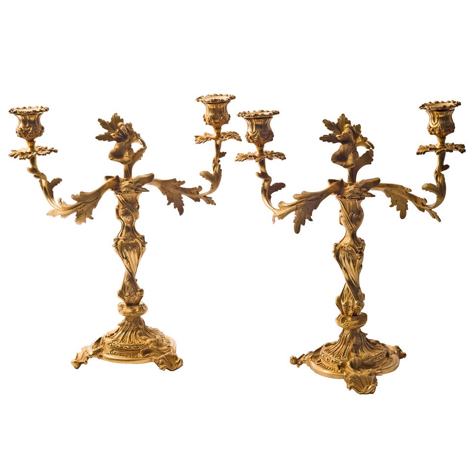 Pair of French Rococo Style Twin Branch Ormolu Candelabra c.1880