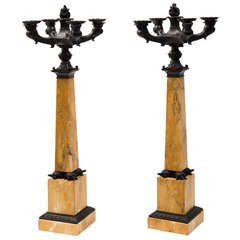 Pair of French Charles X Sienna Marble and Bronze Candelabra, circa 1830
