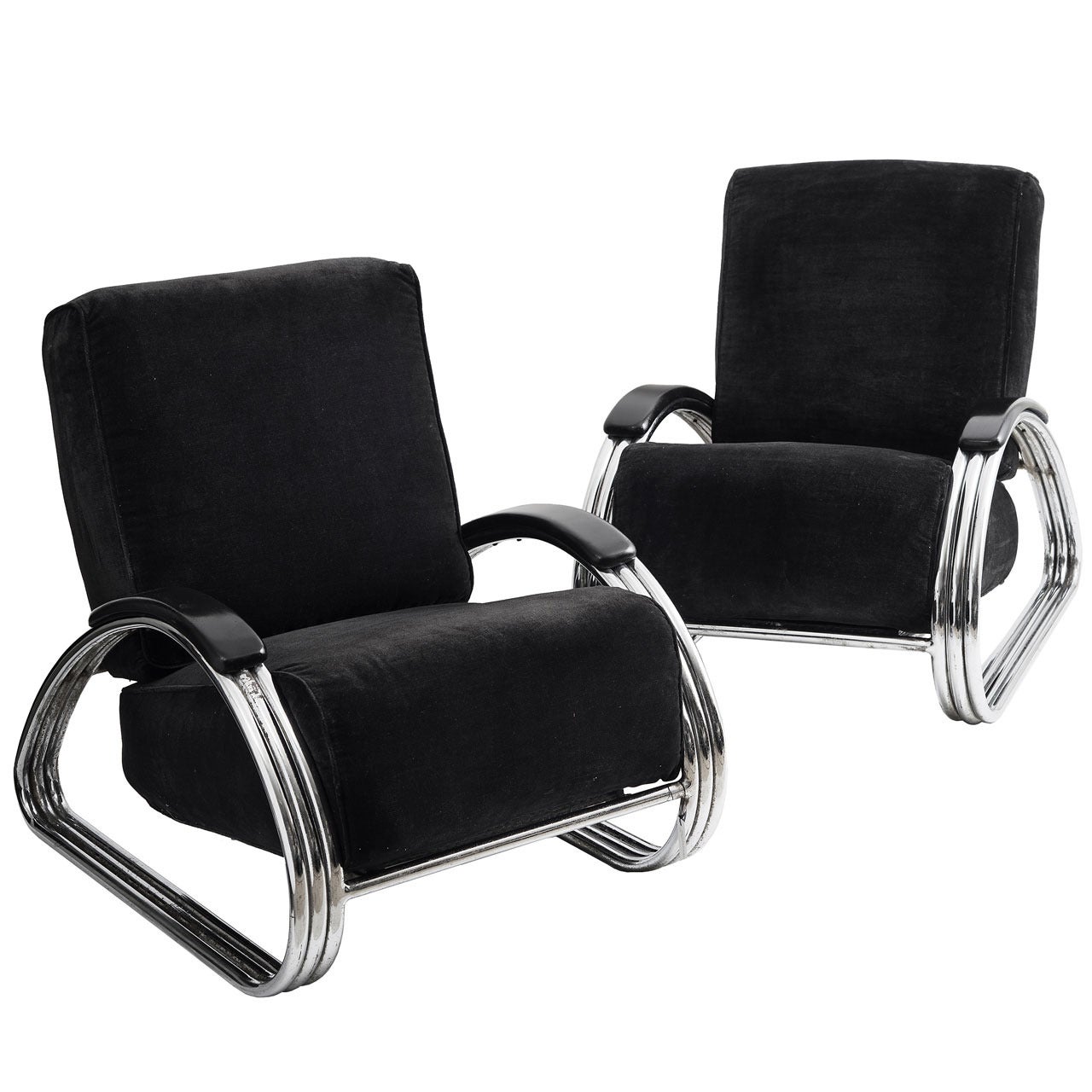 Pair of American Art Deco Chrome “Triple Band” Lounge chairs by K.E.M Weber