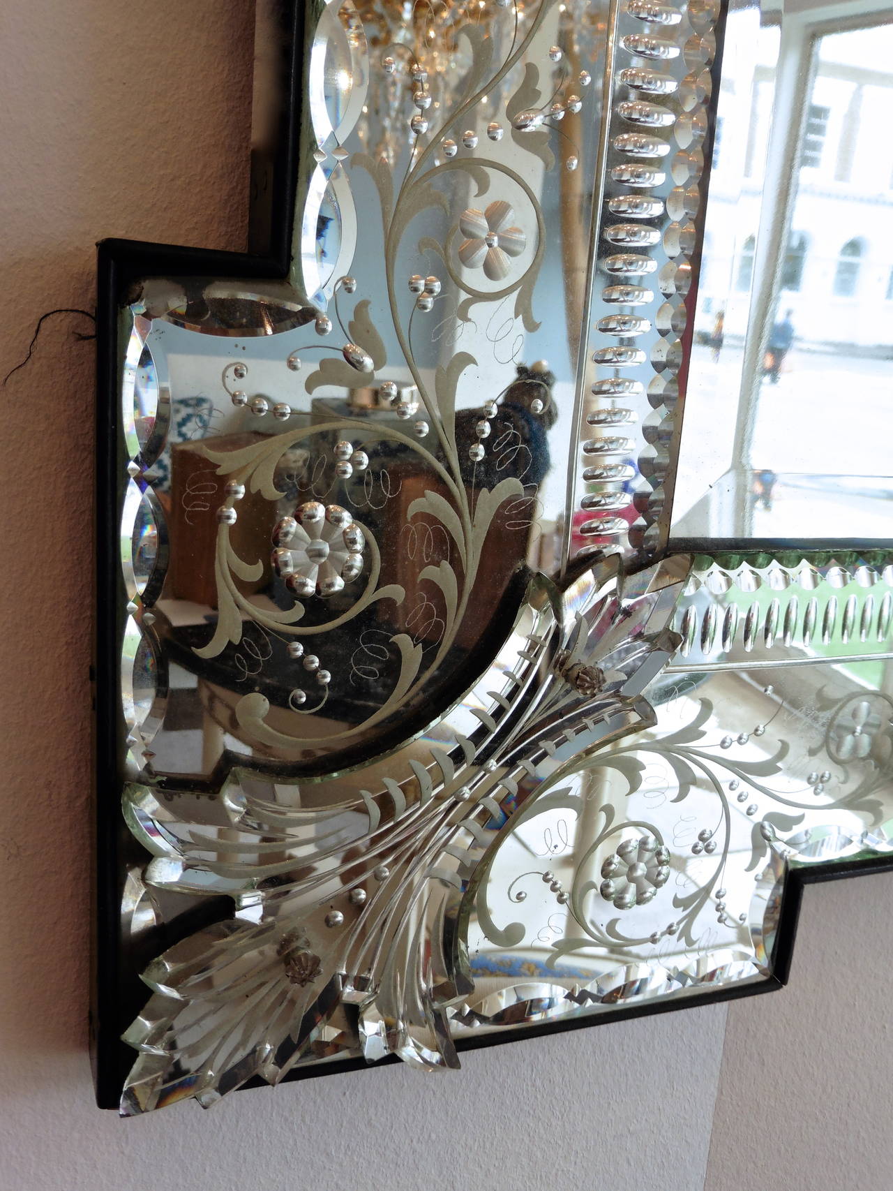 French Venetian Style Engraved Rectangular Mirror with Foliate Crest, circa 1880 4