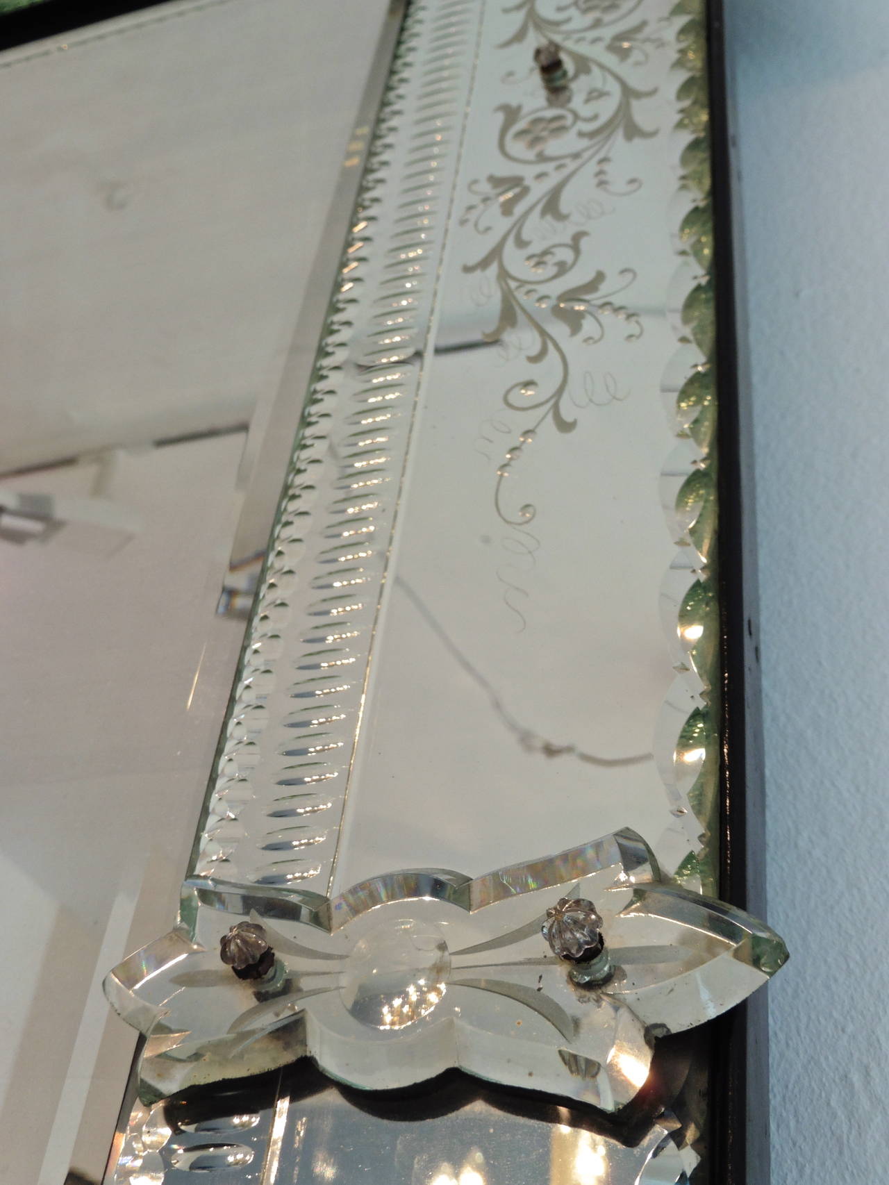 Late 19th Century French Venetian Style Engraved Rectangular Mirror with Foliate Crest, circa 1880
