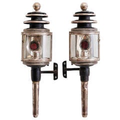 Antique Pair of French Black Tole & Silver Plate Coach Lanterns c.1870