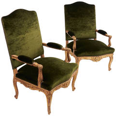 Pair of French Louis XV Large Giltwood Armchairs