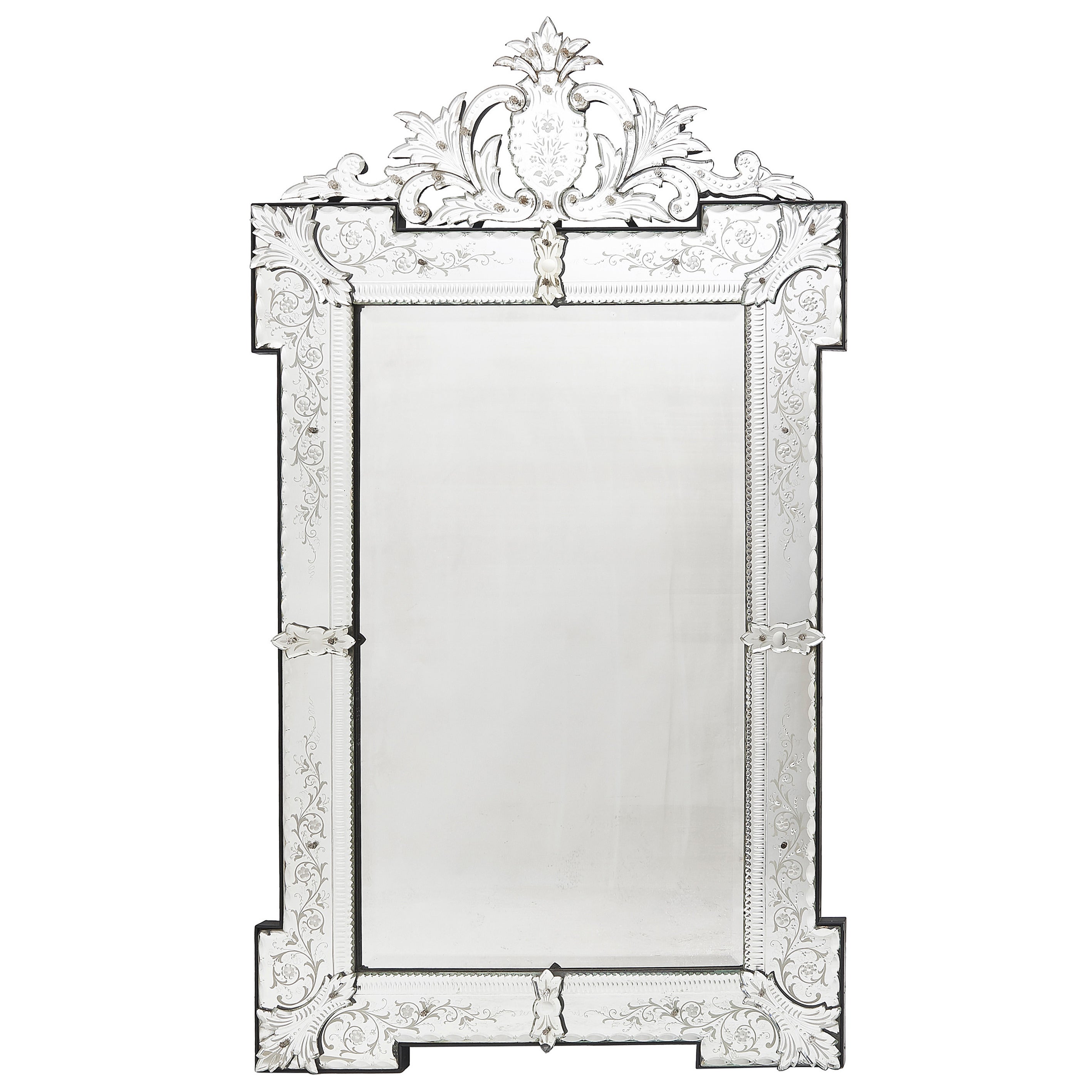 French Venetian Style Engraved Rectangular Mirror with Foliate Crest, circa 1880