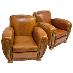 Pair French Art Deco Tan Leather Club Armchairs c.1930