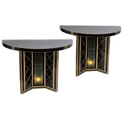 Pair of Murano Demi-Lune Black Glass and Brass Console Tables c.1970