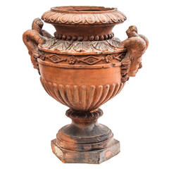 English Victorian Terracotta Urn with Fauns Head Handles c.1850 2