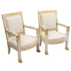 Pair of French Empire Painted & Gilt Large Armchairs  c.1810