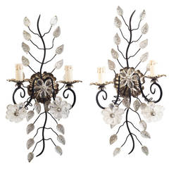 Pair of French Bagues Style Metal and Glass Flower Wall Sconces, circa 1950