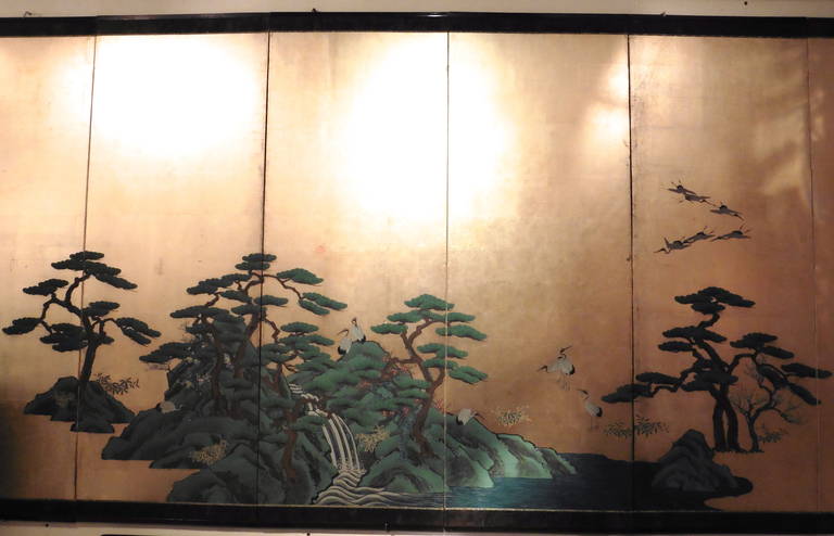 Japanese Six Fold Gold Leaf Screen with Pine Trees