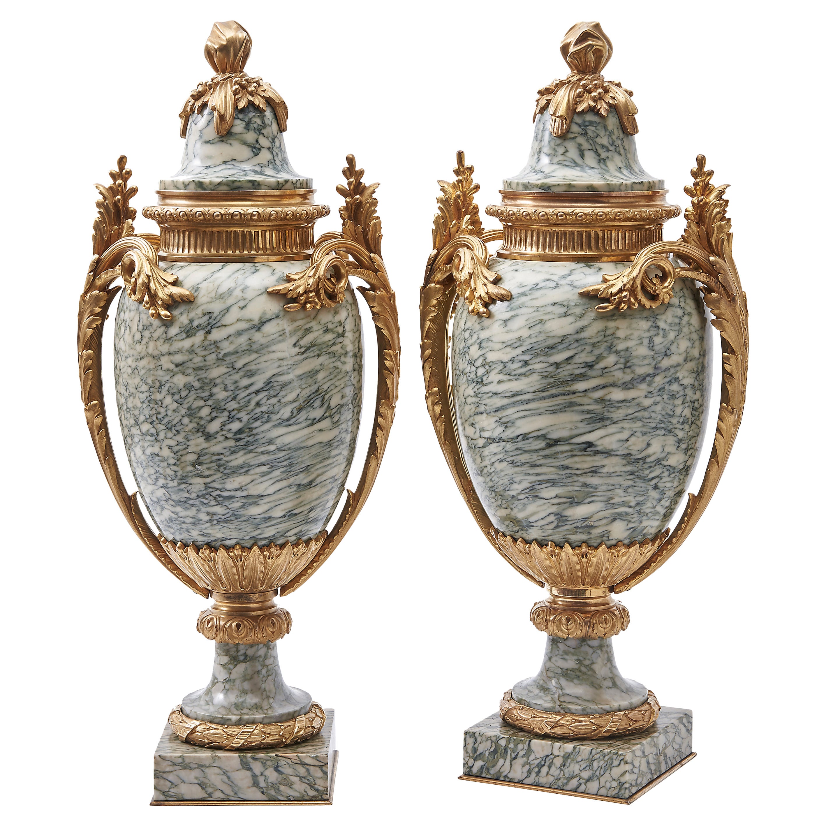 Pair of French Neoclassical Cipollino Marble Cassolettes, circa 1870