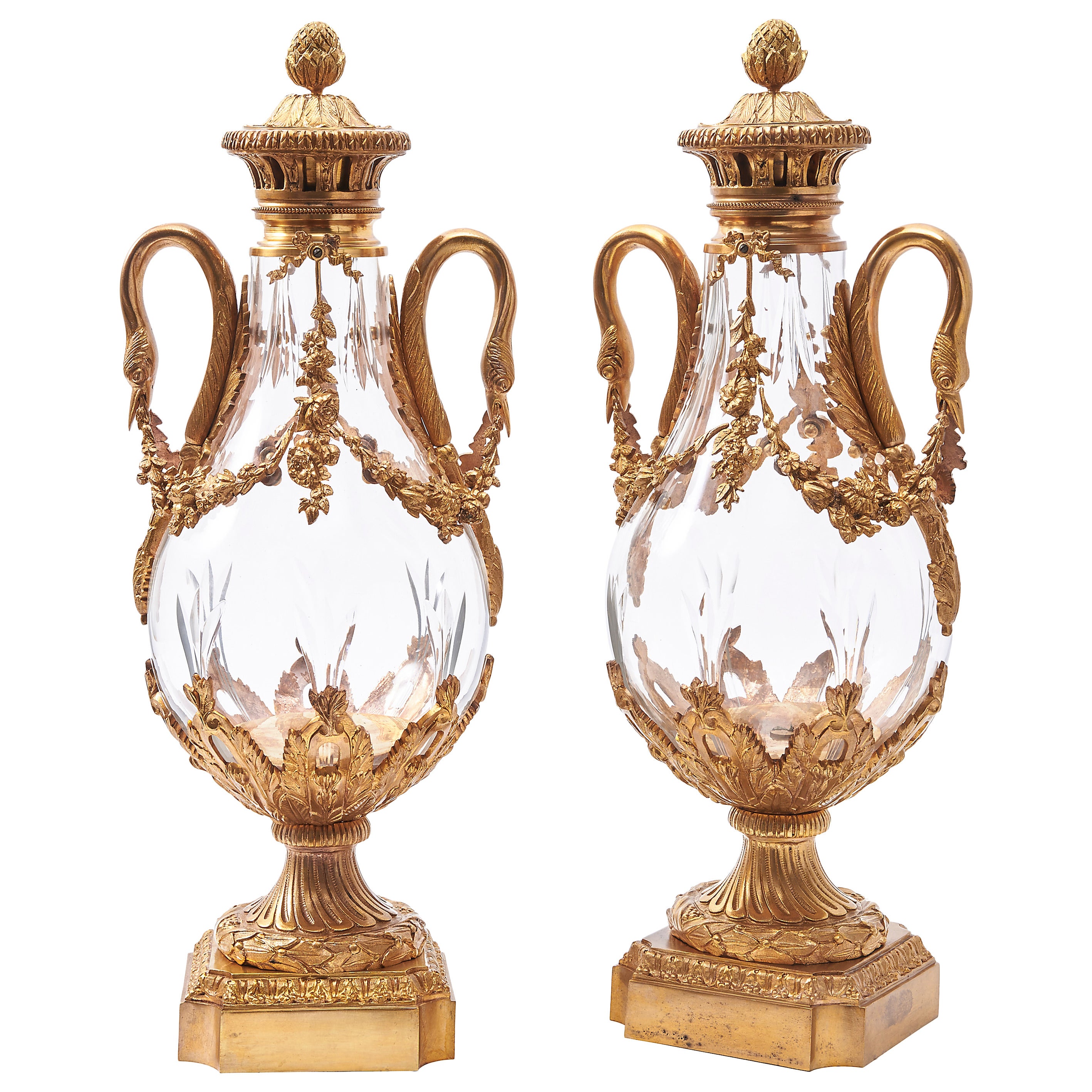 Pair of French Neoclassical Ormolu-Mounted Crystal Cassolettes, circa 1900