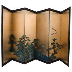 Japanese Six Fold Gold Leaf Screen with Pine Trees