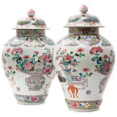 Pair of French Samson “Famille Rose” Porcelain Temple Jars, circa 1860