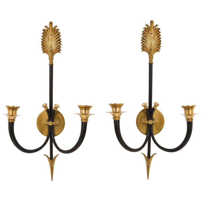 Pair of French Patinated and Gilt Brass Twin-Light Wall Sconces, circa 1940 at 1stdibs