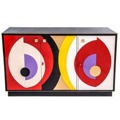Stunning Murano Three Door Sideboard with Abstract Coloured Glass Front c1970