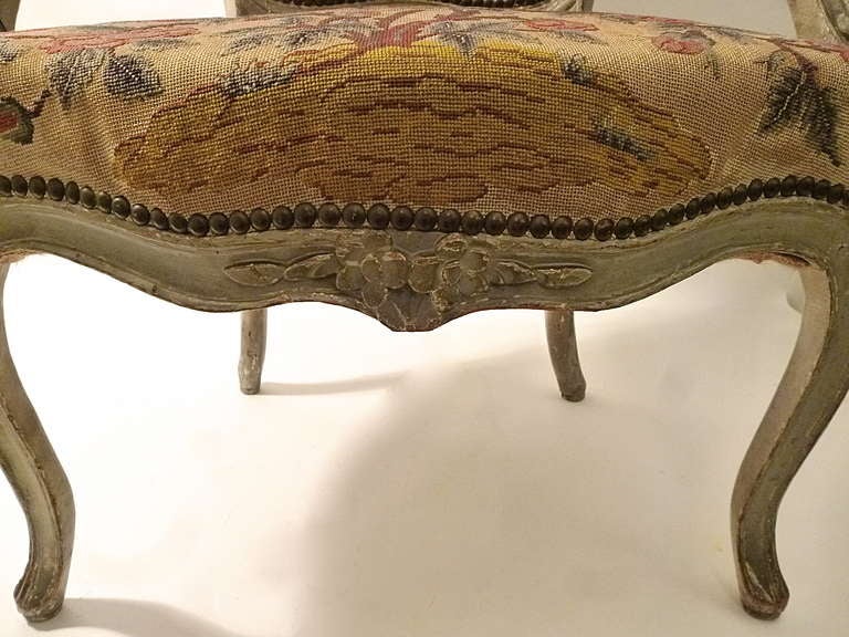 Pair of French Louis XV Painted Armchairs with Needlepoint Upholstery c.1760 2