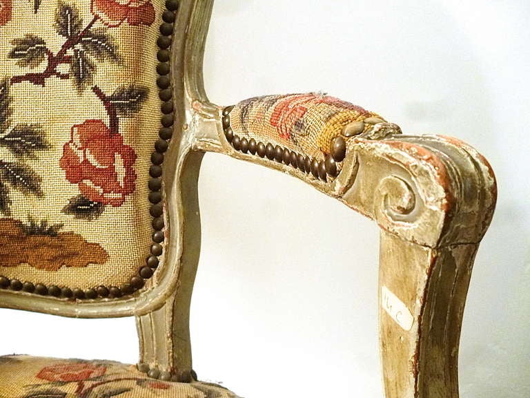 18th Century and Earlier Pair of French Louis XV Painted Armchairs with Needlepoint Upholstery c.1760