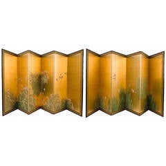 Pair of Japanese 19th Century Six Fold Screens with Gold Leaf Background