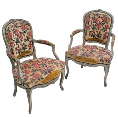 Pair of French Louis XV Painted Armchairs with Needlepoint Upholstery c.1760