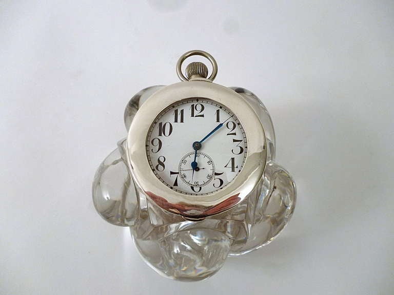 Edwardian clock inkwell with Baccarat swirled cut glass base and silver mounted clock - marks for Aspreys, London 1909