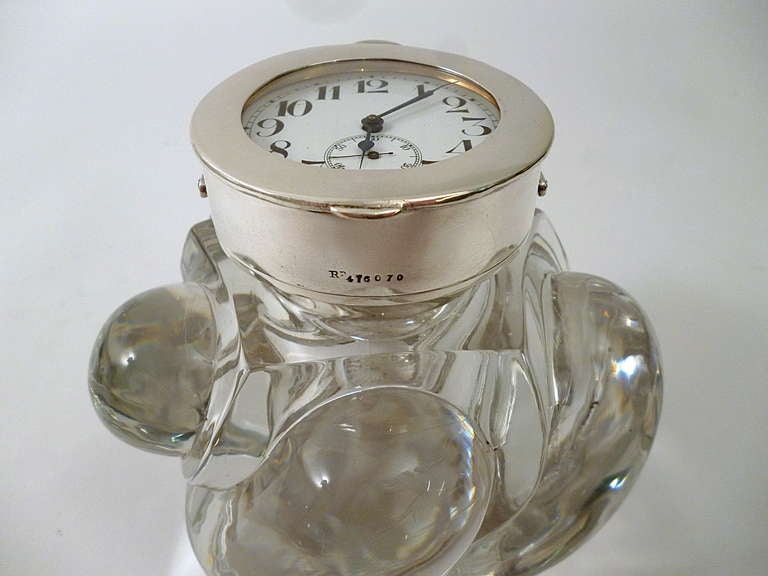 British Asprey's Silver Mounted Swirled Glass Clock Inkwell - London 1909