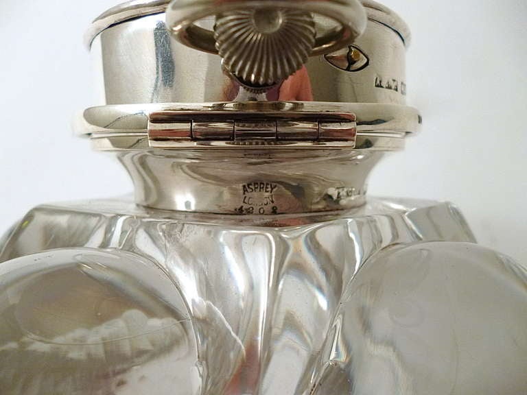 20th Century Asprey's Silver Mounted Swirled Glass Clock Inkwell - London 1909