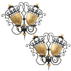 Pair of French Painted Wrought Iron Double Shield Wall Sconces, circa 1950 12