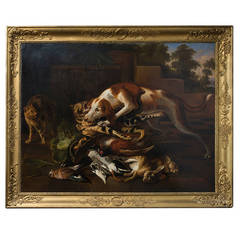 Flemish School Oil on Canvas of a Hunting Dog Protecting Game, Dated 1841