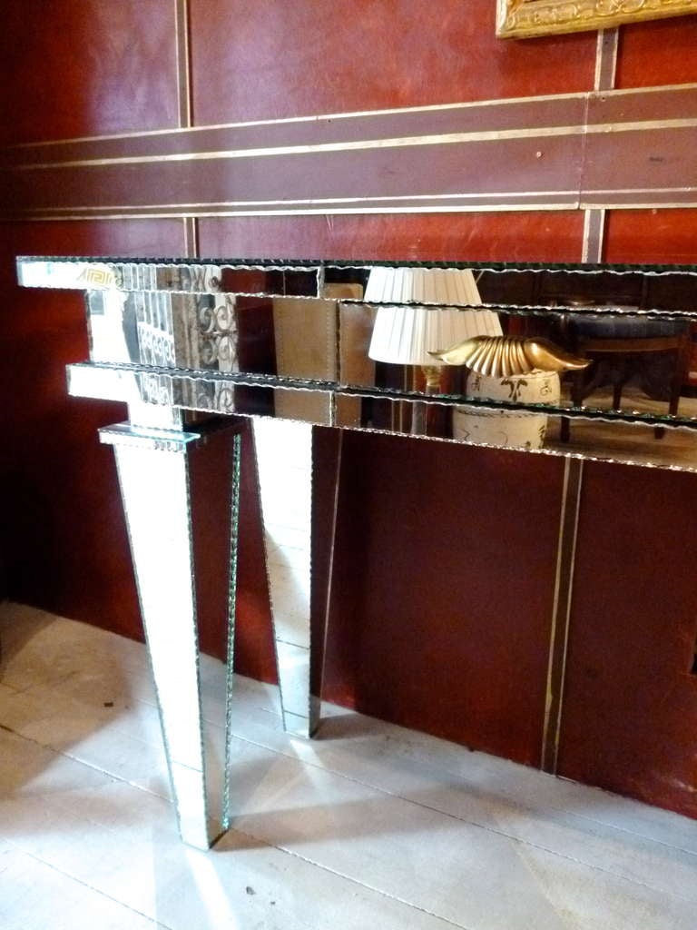 Murano Mirrored Glass Console Table With Scalloped Brass Handles c.1970