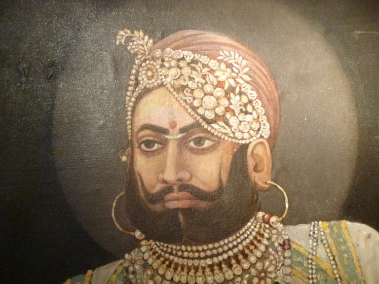 Highly decorative Indian painting on canvas of a maharaja with hand on hip and holding a sword. Full of character and charm, traditionally dressed and adorned with fine jewels. Malerkotla, Punjab early 20th century. With later frame and silver slip.