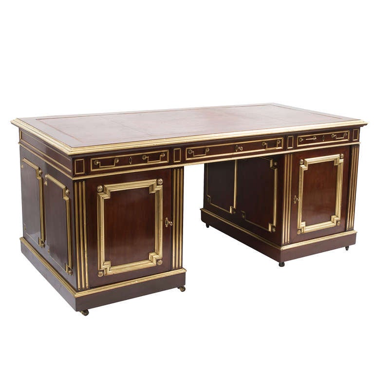 Dramatic French Louis XVI Style Mahogany & Brass Partners Desk c.1890