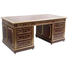 Antique Dramatic French Louis XVI Style Mahogany & Brass Partners Desk c.1890