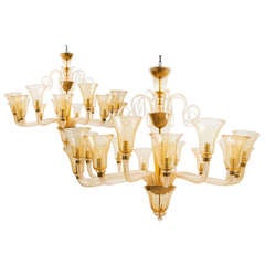 Pair of Murano "Cenedese Style" Amber Glass 16 Light Chandeliers c.1960
