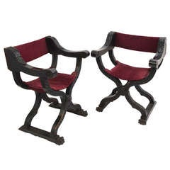 Pair of Large Italian Ebonised Savonarola Chairs with Velvet Upholstery c.1880