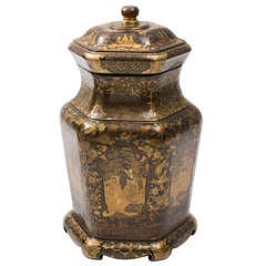 Antique Rare Chinese Export Lacquer Tea Caddy in the form of a Temple Jar c.1840