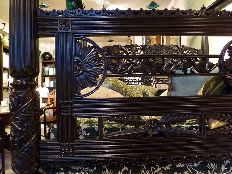 Indian Indo Portugese Carved Ebonised Rosewood Four Poster Bed Late 19th Century For Sale
