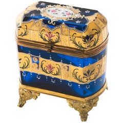 Bohemian Blue Glass Casket with Gilded Panels and Mounts, circa 1860