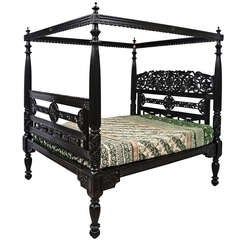 Indo Portugese Carved Ebonised Rosewood Four Poster Bed Late 19th Century