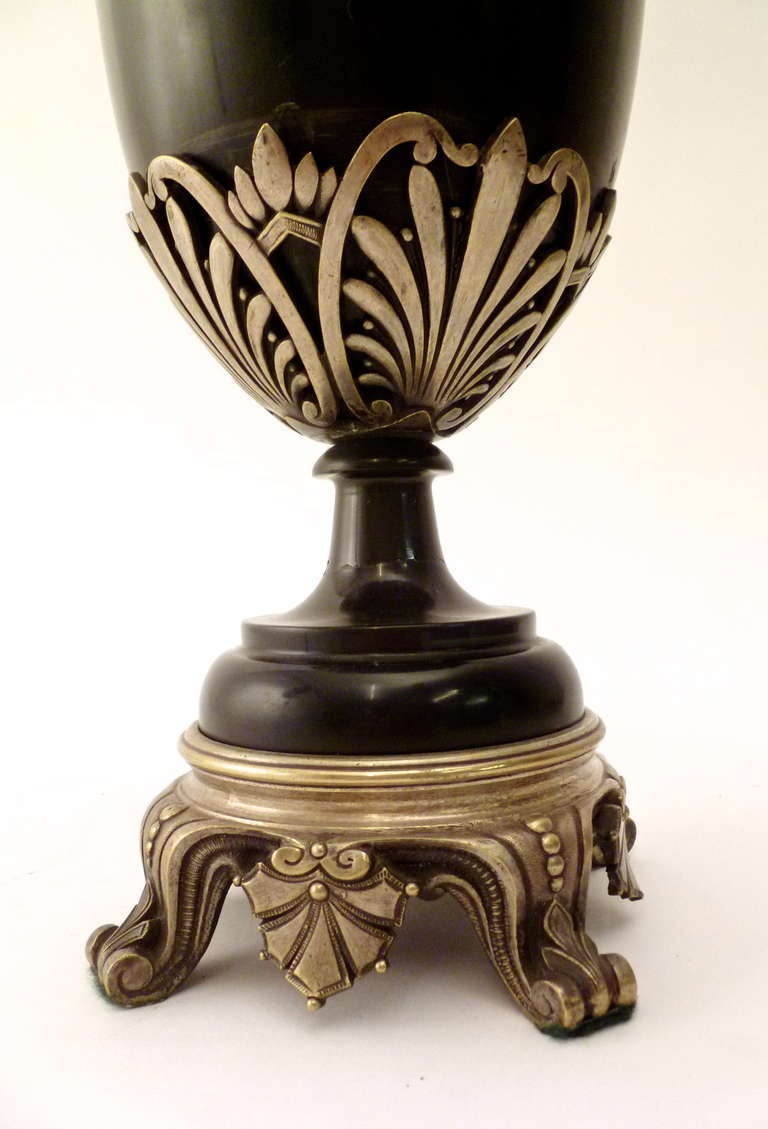 19th Century Pair of French Slate and Silvered Bronze Mantle Urns. c1880.