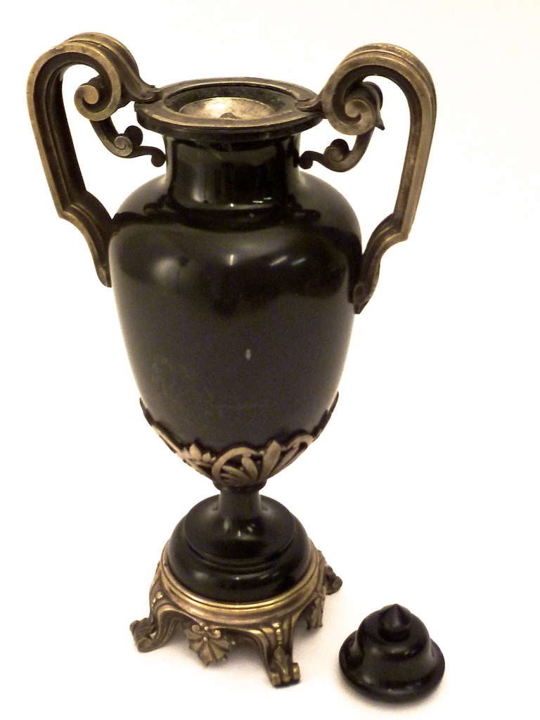 Pair of French Slate and Silvered Bronze Mantle Urns. c1880. 3