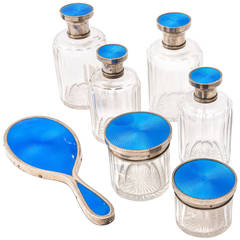 French Enamelled Silver and Crystal Seven-Piece Dressing Set, circa 1910