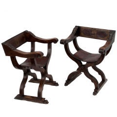 Pair of Tuscan Walnut & Tooled Leather Folding Hall Chairs