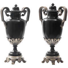 Pair of French Slate and Silvered Bronze Mantle Urns. c1880.