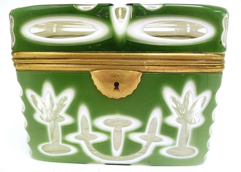 Czech Bohemian 19th Century Opaque Green Glass Casket with Gilt Bronze Mounts